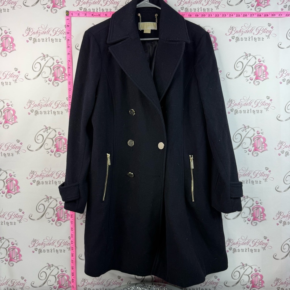 Michael Kors navy Black Double-Breasted Pea Coat with Gold Zippers jacket